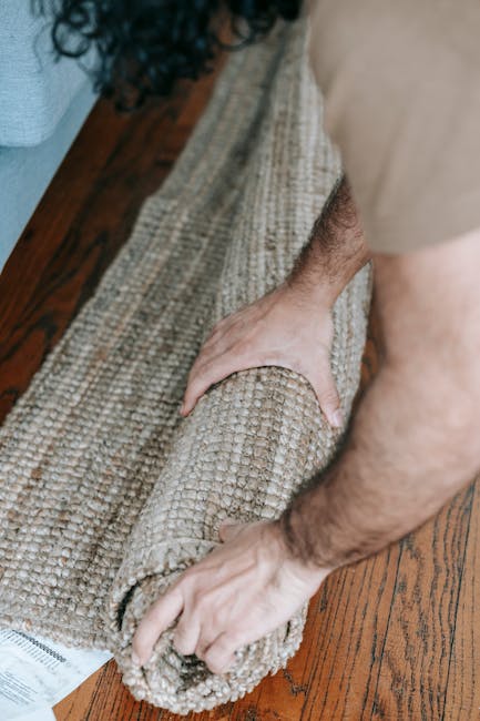 A person with light skin and curly dark hair is seen rolling and preparing a textured, beige carpet for cleaning or disposal on a wooden floor. The decorative carpet features a woven pattern and appears clean but slightly wrinkled. The person is wearing a light-colored shirt, and their hands are firmly grasping the carpet's edges. The surrounding area includes a blue upholstered sofa and the natural indoor lighting highlights the surface cleanliness and fabric details. This scene exemplifies surface handling and maintenance typical of domestic cleaning, aligning with the services offered by Carpet Cleaning Notting Hill, especially in adherence to Kensington & Chelsea Council rules for carpet disposal as detailed on their website.