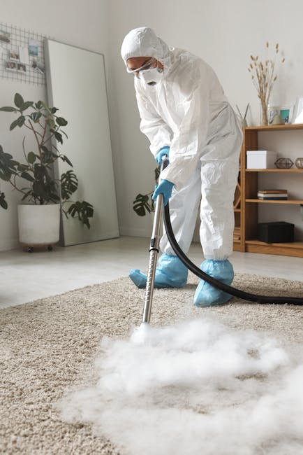 A person dressed in full protective gear, including a white hazmat suit, gloves, mask, and shoe covers, performing surface cleaning with a vacuum or extractor machine on a beige, textured carpet in a well-lit, modern living room. The room features light-colored walls, a tall mirror leaning against the wall, potted plants, and wooden shelving units with decorative items. The cleaning process appears to involve fumigation or deep cleaning to remove mould or contaminants, aligning with specialist methods used for basement mould removal in residential spaces, as promoted by Carpet Cleaning Notting Hill on the Ladbroke Grove service page.